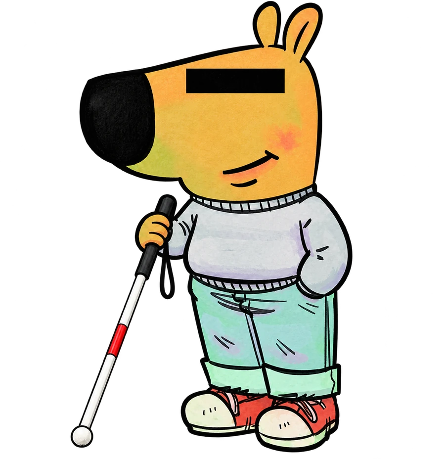 A smiling golden cartoon guy with a black eye bar, gray sweater, mint trousers, red sneakers and a white cane.